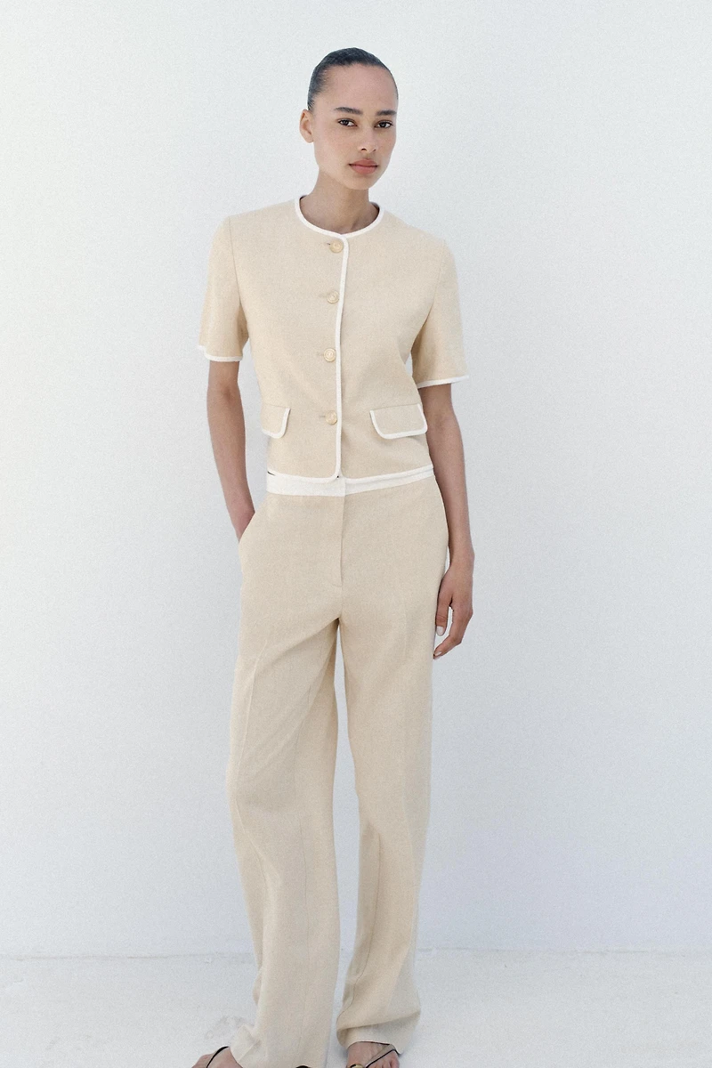 STRAIGHT LEG LINEN PANTS WITH CONTRAST WAIST