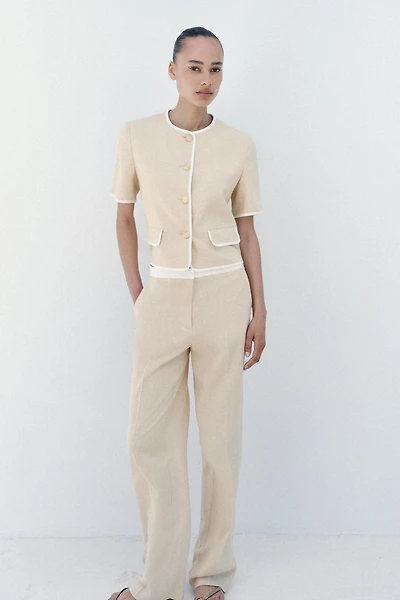 STRAIGHT LEG LINEN PANTS WITH CONTRAST WAIST