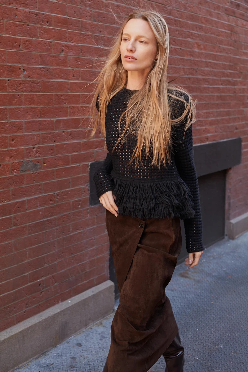 FRINGED PLAID KNIT JUMPER