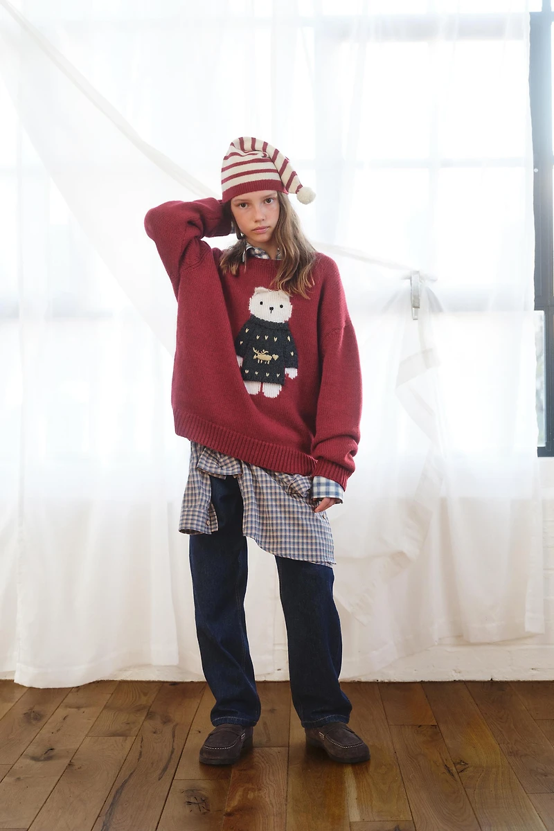 7-12 ANS/ PULL EN MAILLE AVEC LAINE OURSON BRODÉ