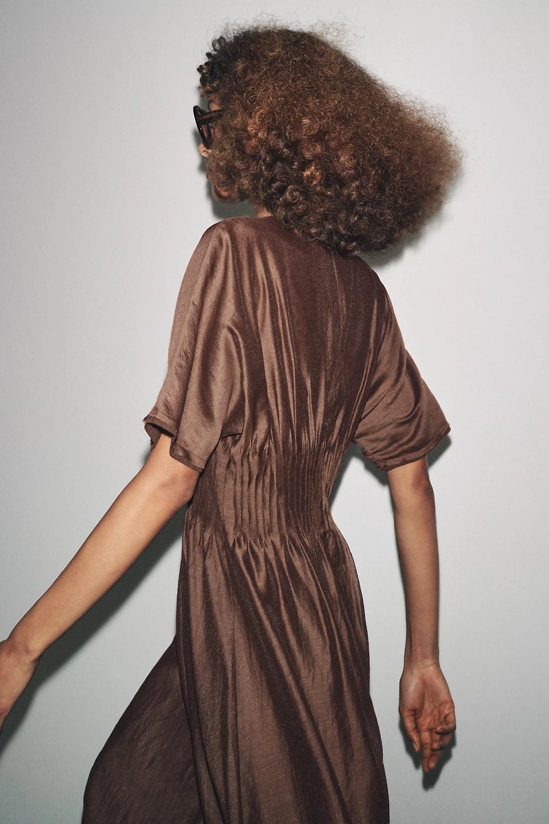 PLEATED WAIST MIXED KNIT DRESS