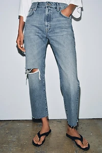 ZW COLLECTION MID-RISE RIPPED STRAIGHT LEG JEANS
