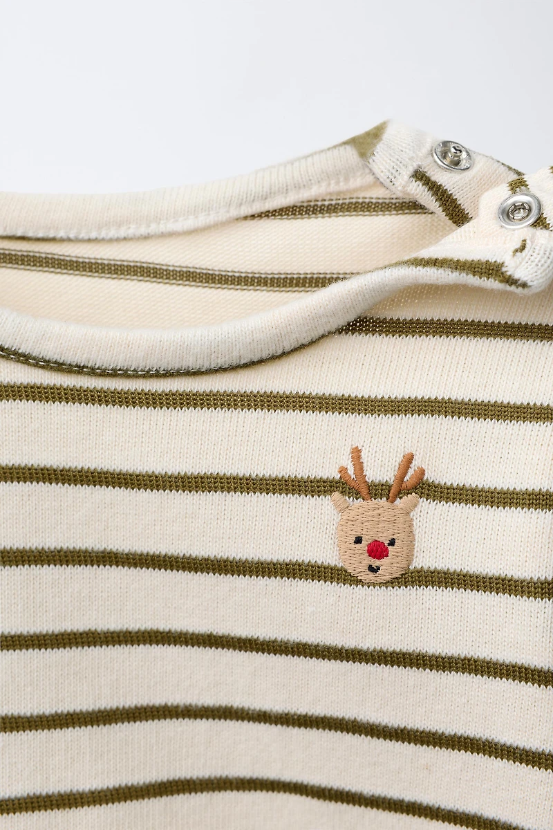 STRIPED EMBROIDERED REINDEER BODYSUIT