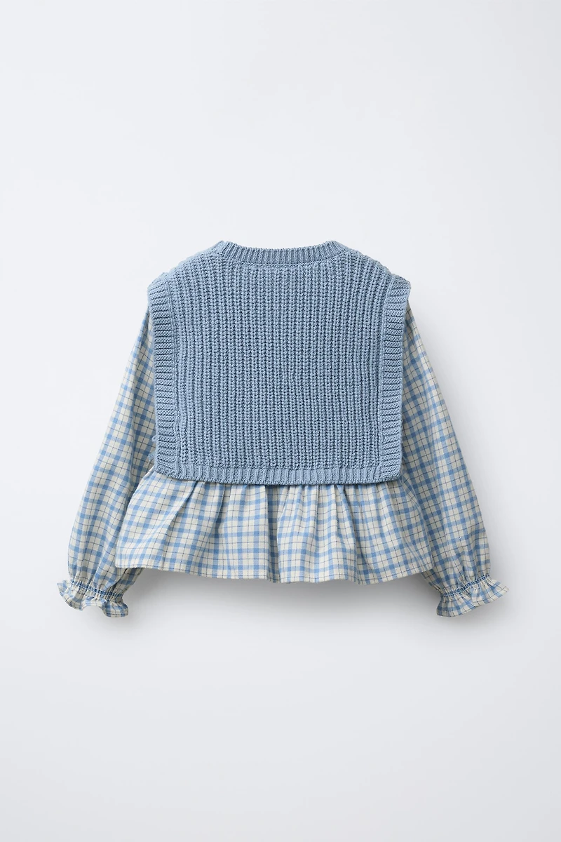 EMBROIDERED KNIT VEST COMBINED GINGHAM SHIRT