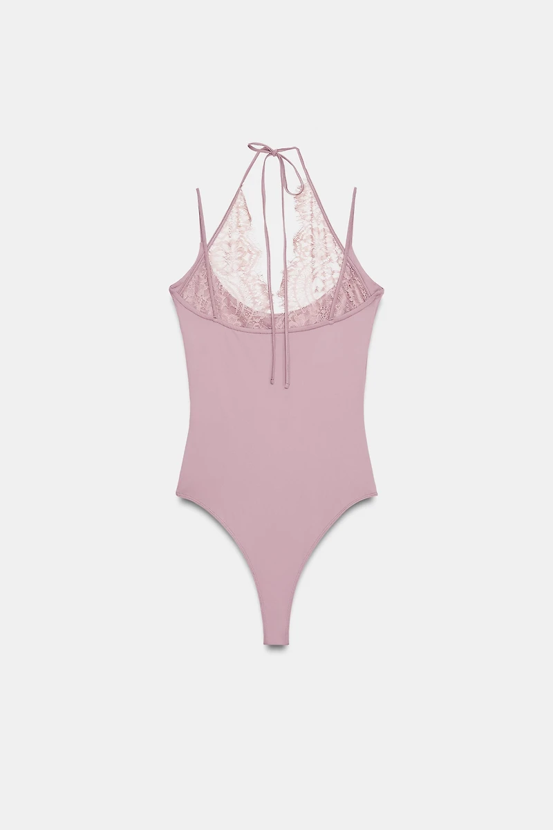 COMBINATION LACE HALTER BODYSUIT