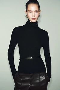 100% WOOL HIGH COLLAR BELTED JUMPER