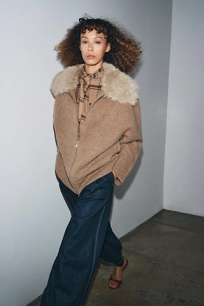 100% WOOL FAUX FUR LAPEL JACKET