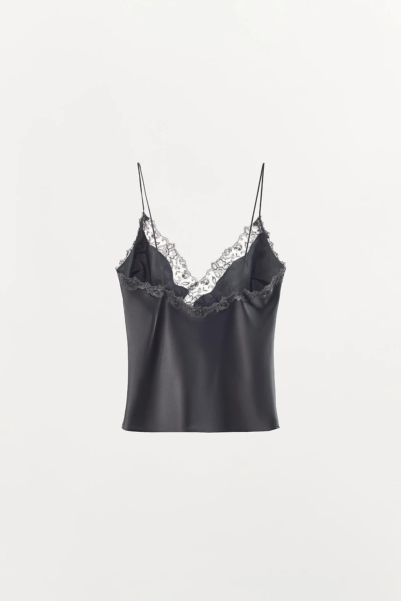 TOP SATINÉ À BRETELLES EN DENTELLE
