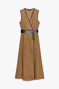 LINEN BELTED MIDI DRESS