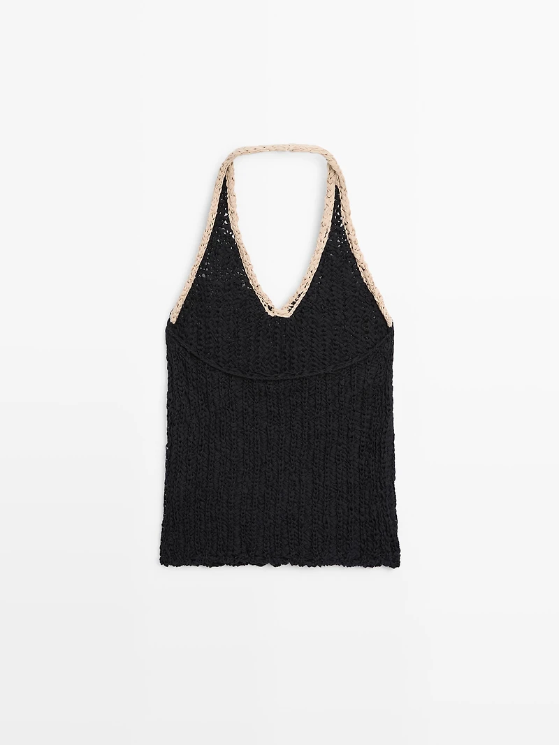 Contrast knit halter top