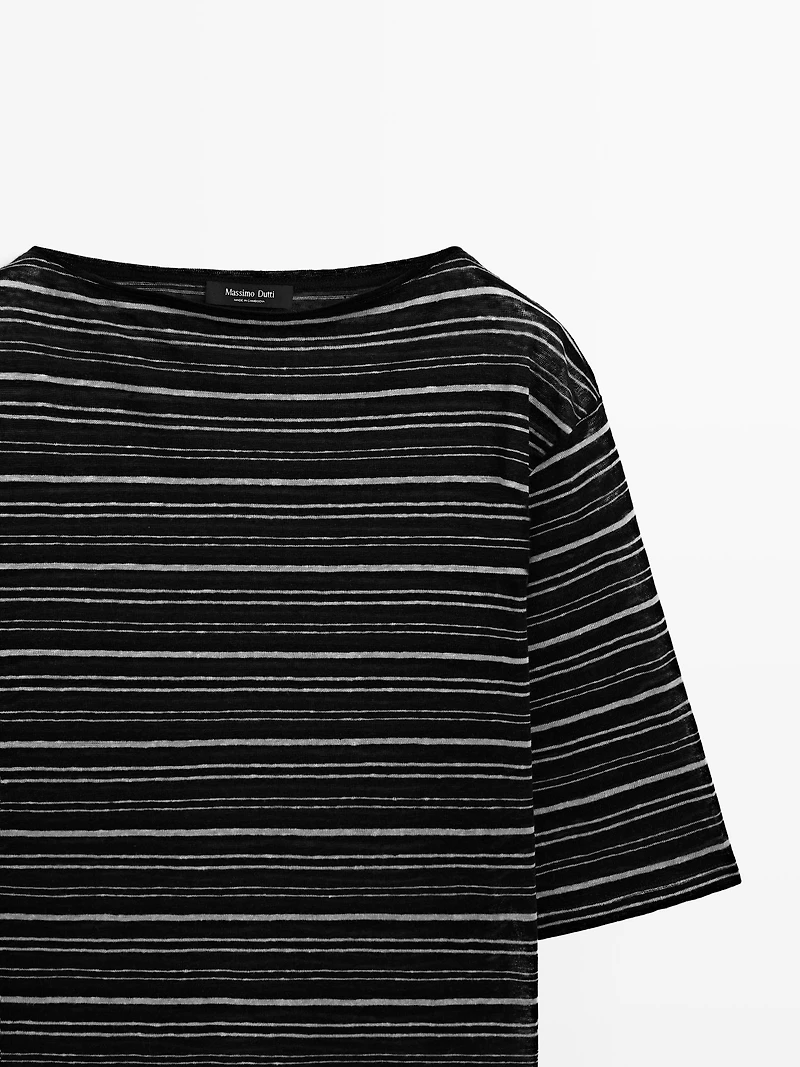 T-shirt en maille à manches 3/4 lin rayé