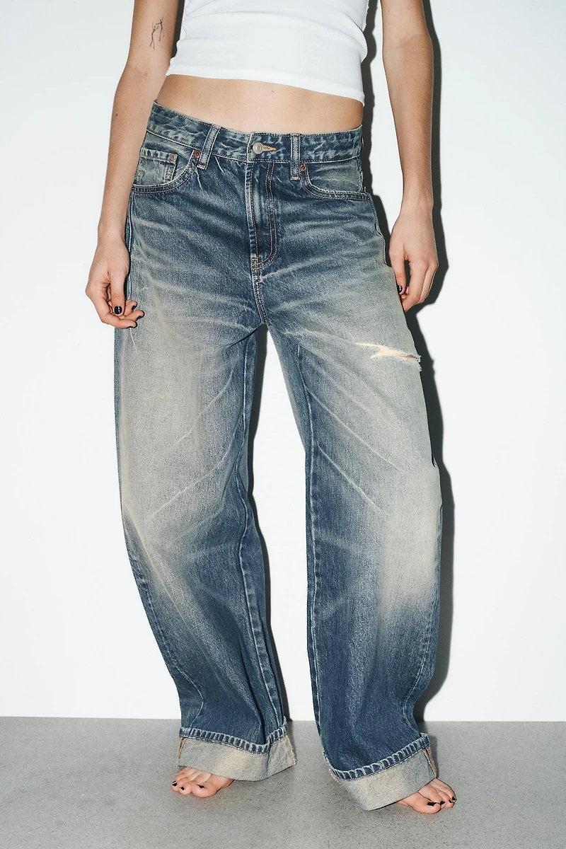 TRF MID-RISE RIPPED BAGGY FOLDED JEANS