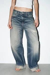 TRF MID-RISE RIPPED BAGGY FOLDED JEANS
