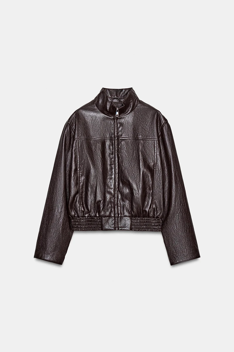 CROPPED FAUX LEATHER BOMBER JACKET