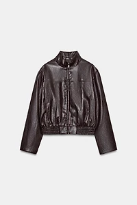CROPPED FAUX LEATHER BOMBER JACKET