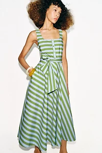 STRIPED BELTED MIDI DRESS