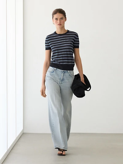 Short sleeve sweater with striped detail