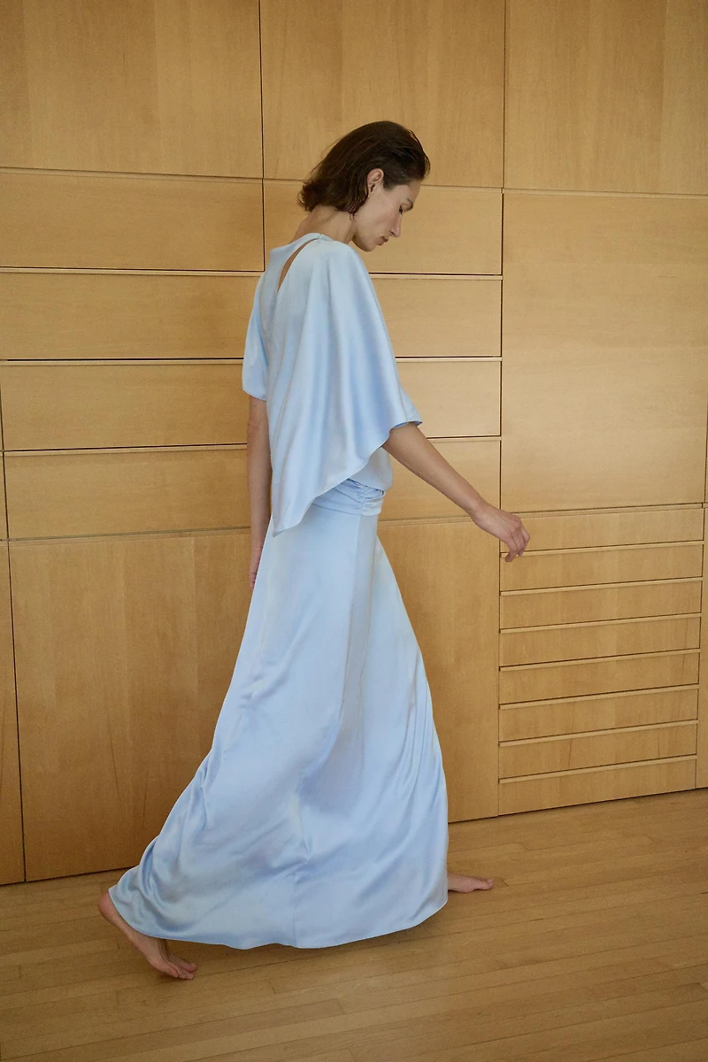 ASYMMETRIC CAPE SATIN EFFECT DRESS