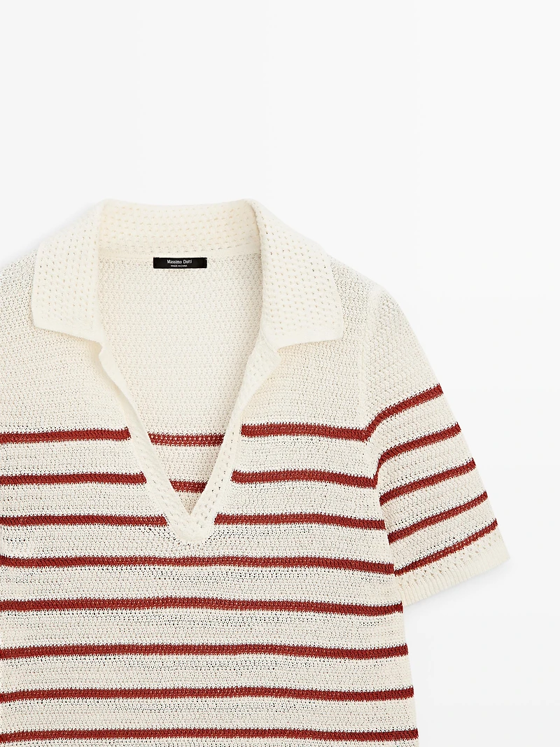 Striped cotton blend knit polo shirt