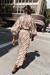 STRIPED BELTED MIDI DRESS