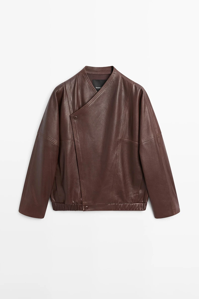 Veste bomber asymétrique en cuir nappa