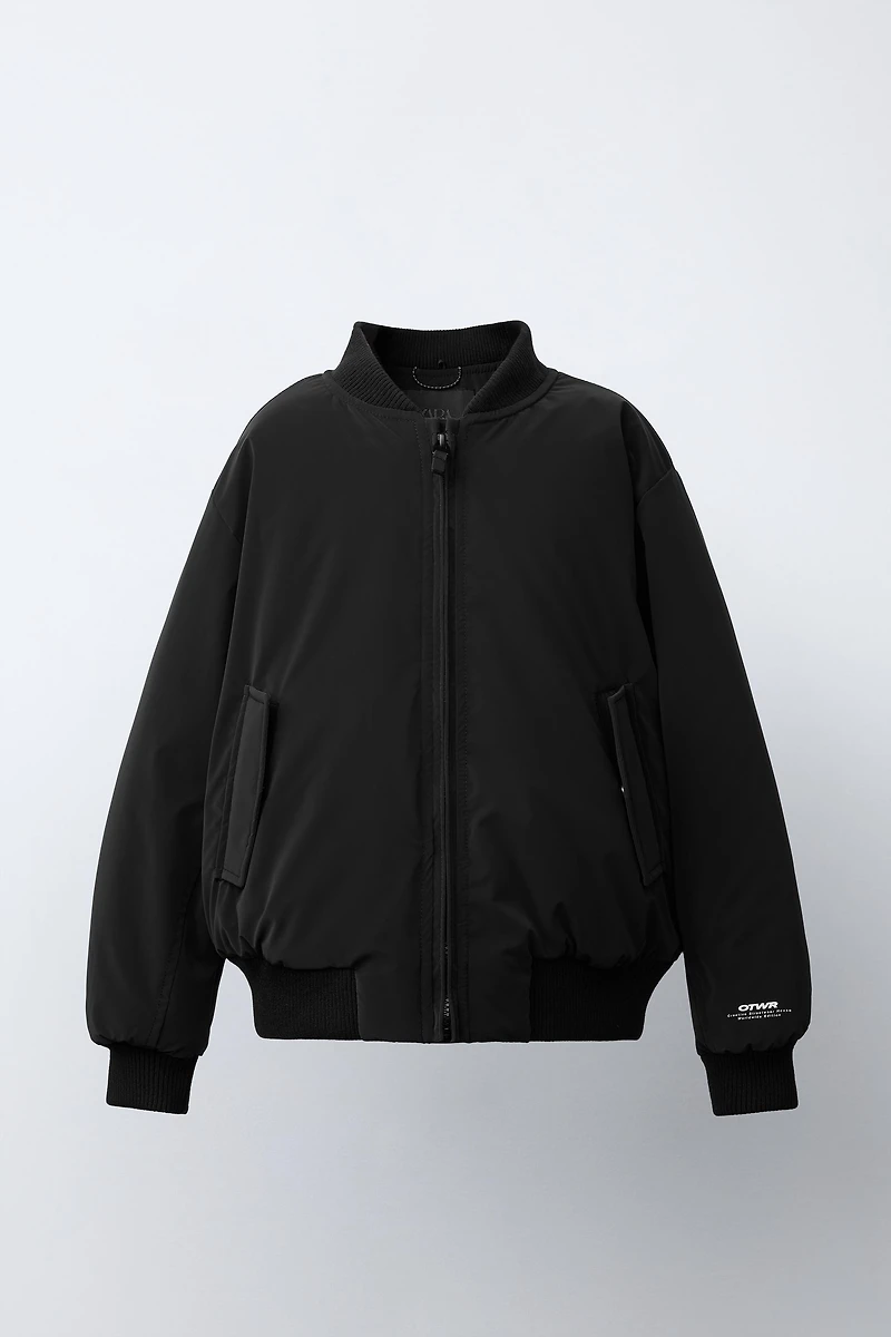 RUBBERIZED BOMBER JACKET WITH REMOVABLE FLEECE HOODIE