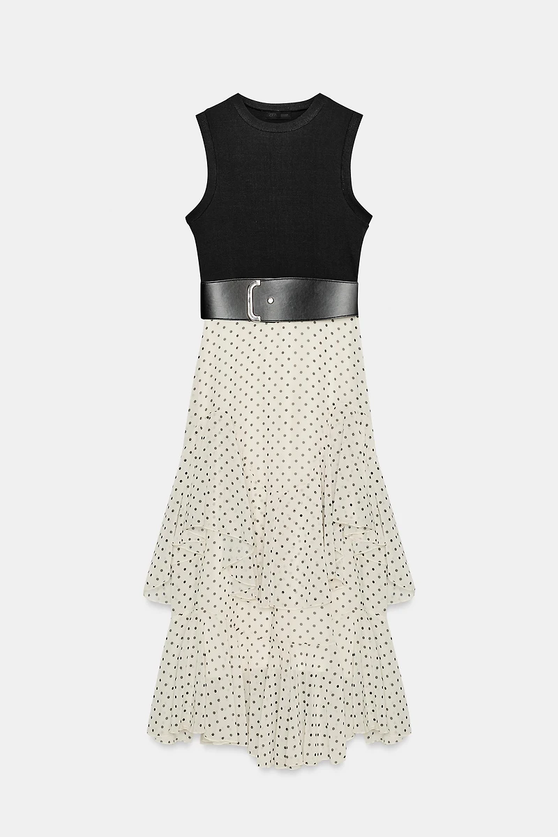 COMBINATION POLKA DOT RUFFLED BELTED DRESS