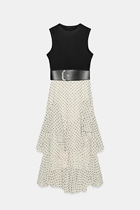 COMBINATION POLKA DOT RUFFLED BELTED DRESS