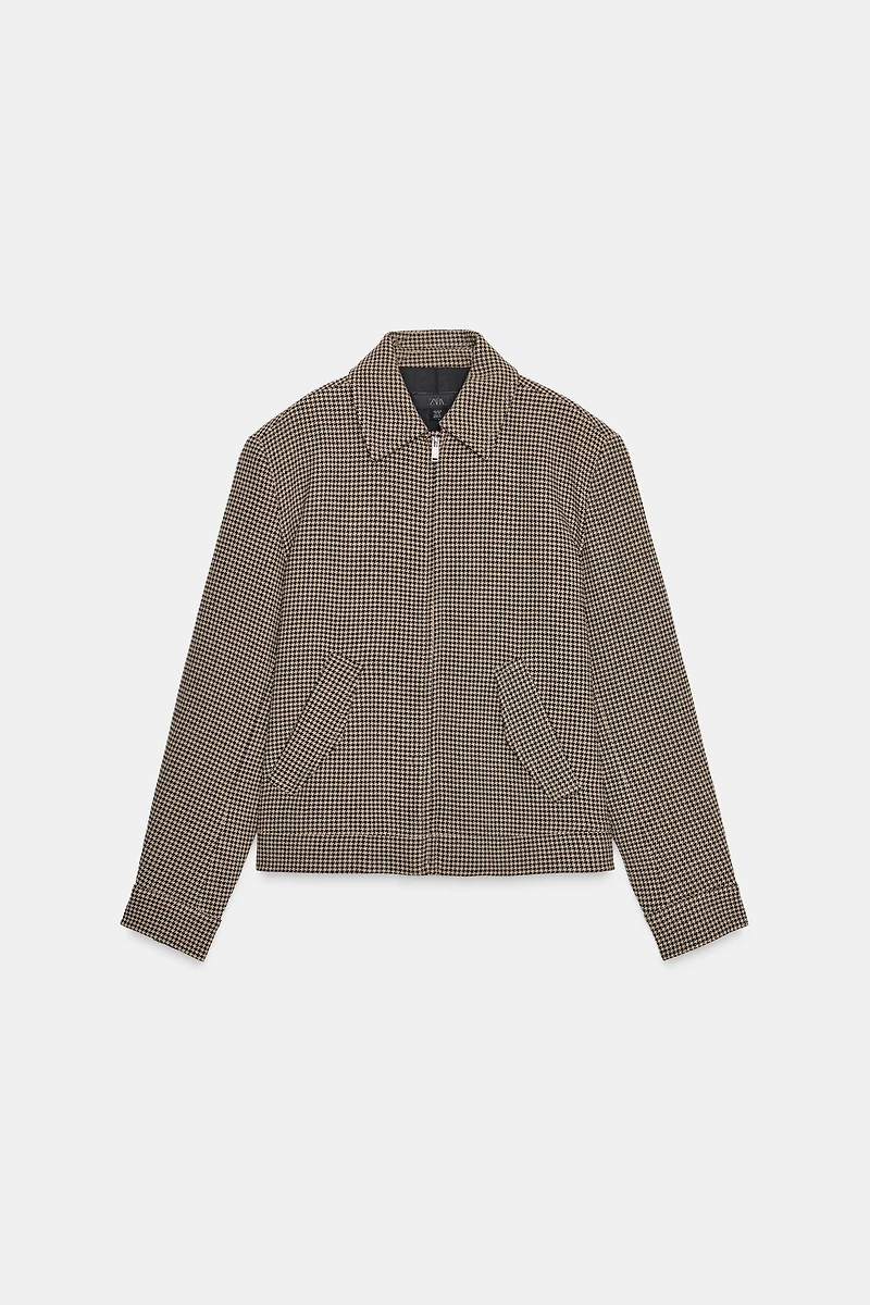 HOUNDSTOOTH BOMBER JACKET WITH SHOULDER PADS