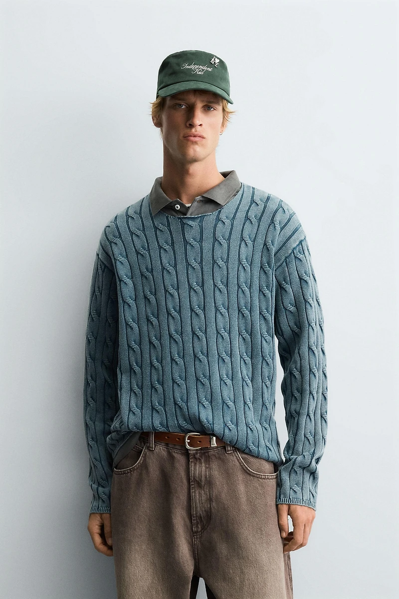 WASHED CABLE KNIT SWEATER