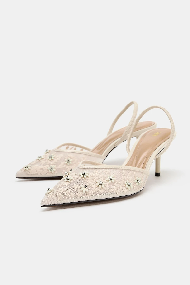 MESH EMBELLISHED SLINGBACK HEELS