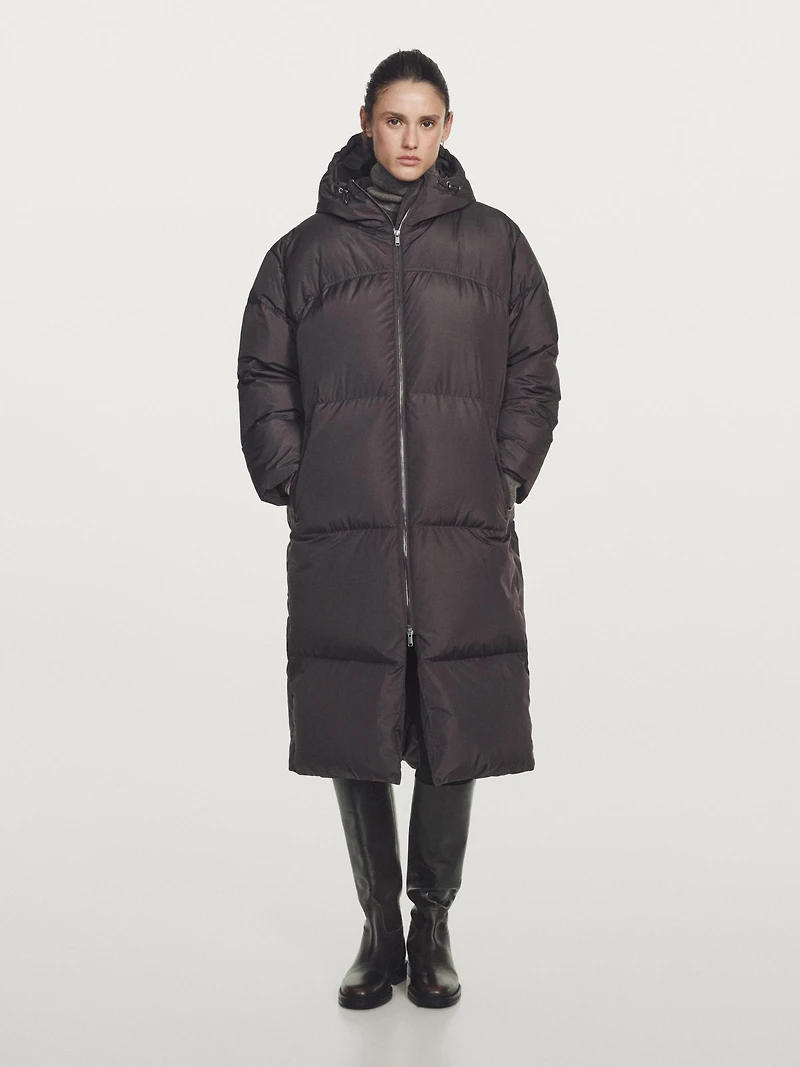 Long water-repellent hooded puffer jacket