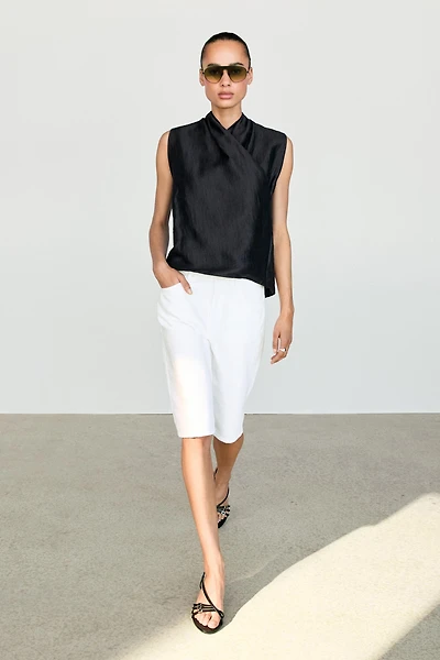 Linen blend sleeveless crossover top