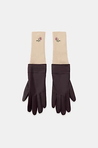 CONTRASTING LEATHER GLOVES WITH FLORAL EMBROIDERY