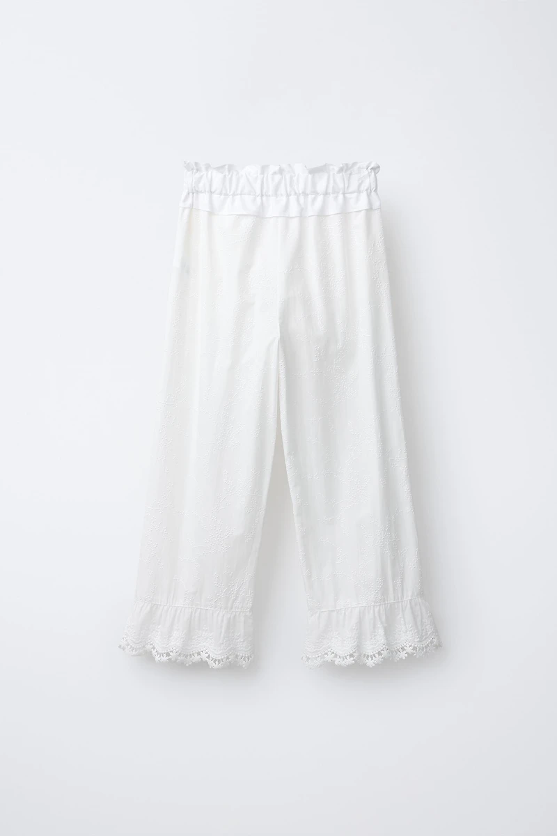 RUFFLED AND EMBROIDERED PANTS