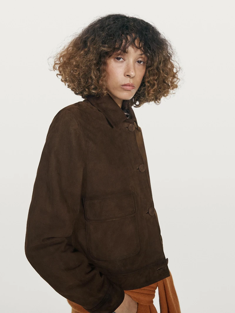 Cropped suede leather-lined jacket with buttons