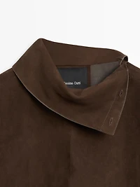 Suede leather oversize blouse with high neck