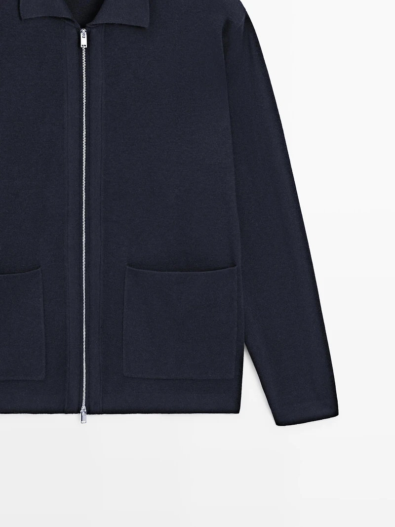 Cardigan zippé avec poches en coton et laine