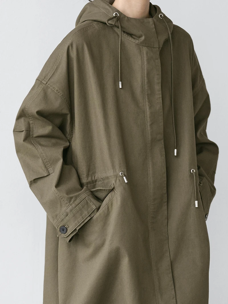 Technical fabric trench coat with hood