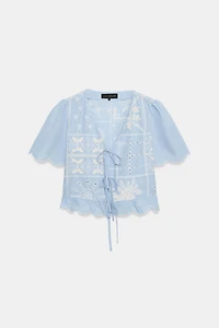 PERFORATED EMBROIDERED TIE BLOUSE