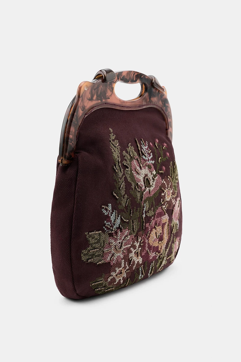 FLORAL EMBROIDERED BAG WITH TORTOISESHELL HANDLE