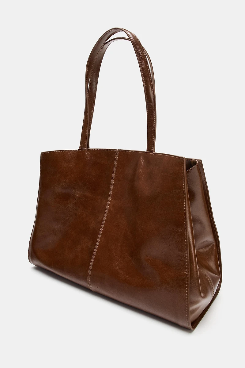 LEATHER TOTE BAG WITH TOPSTITCHING