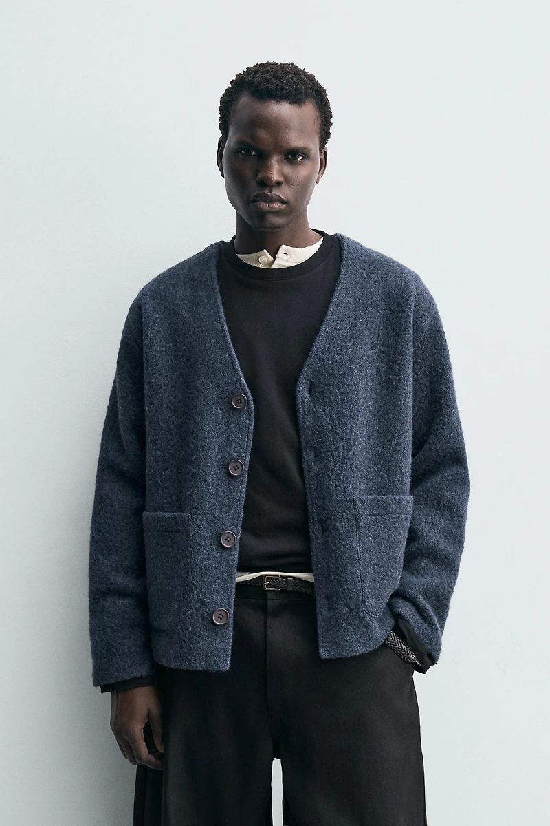 TEXTURED WOOL BLEND CARDIGAN