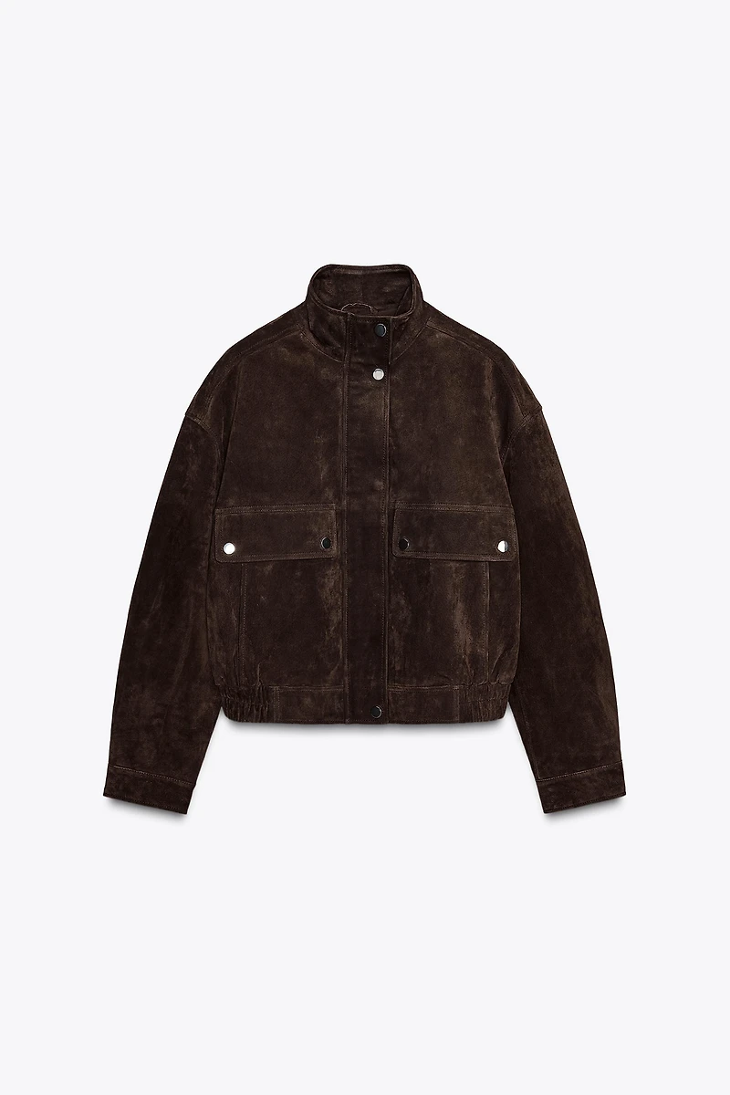 SUEDE LEATHER BOMBER JACKET WITH POCKETS
