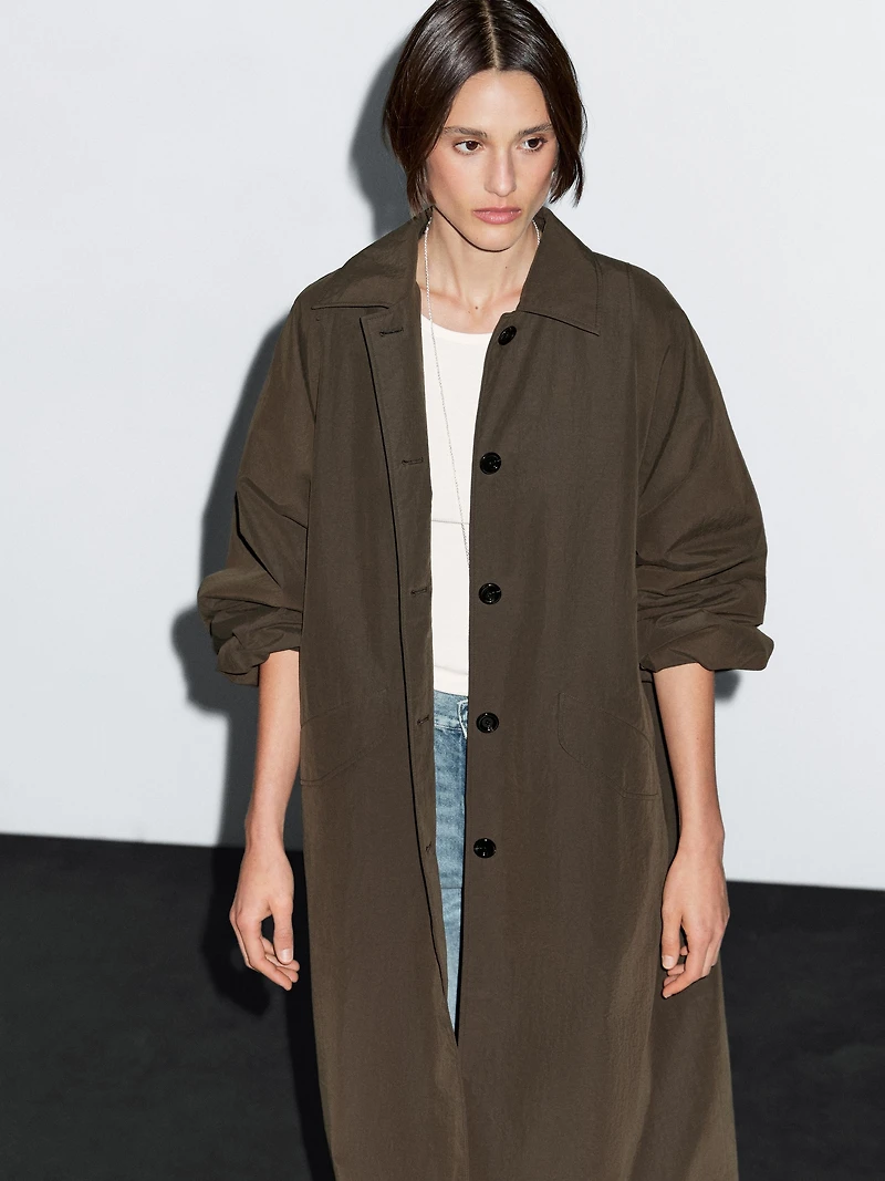 Water-repellent technical fabric trench coat with button detail