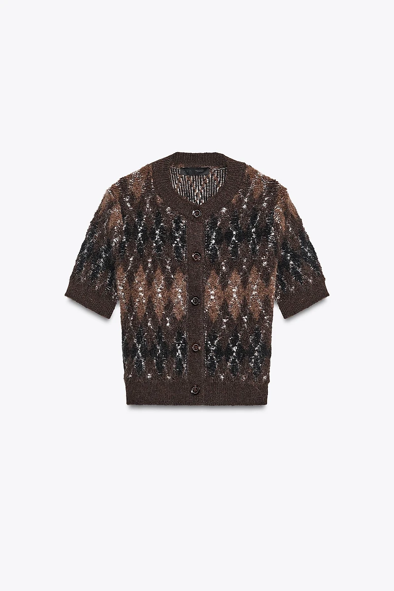 SHORT SLEEVE ARGYLE KNIT CARDIGAN