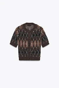 SHORT SLEEVE ARGYLE KNIT CARDIGAN