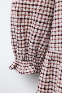 EMBROIDERED COLLAR PLAID TEXTURED DRESS