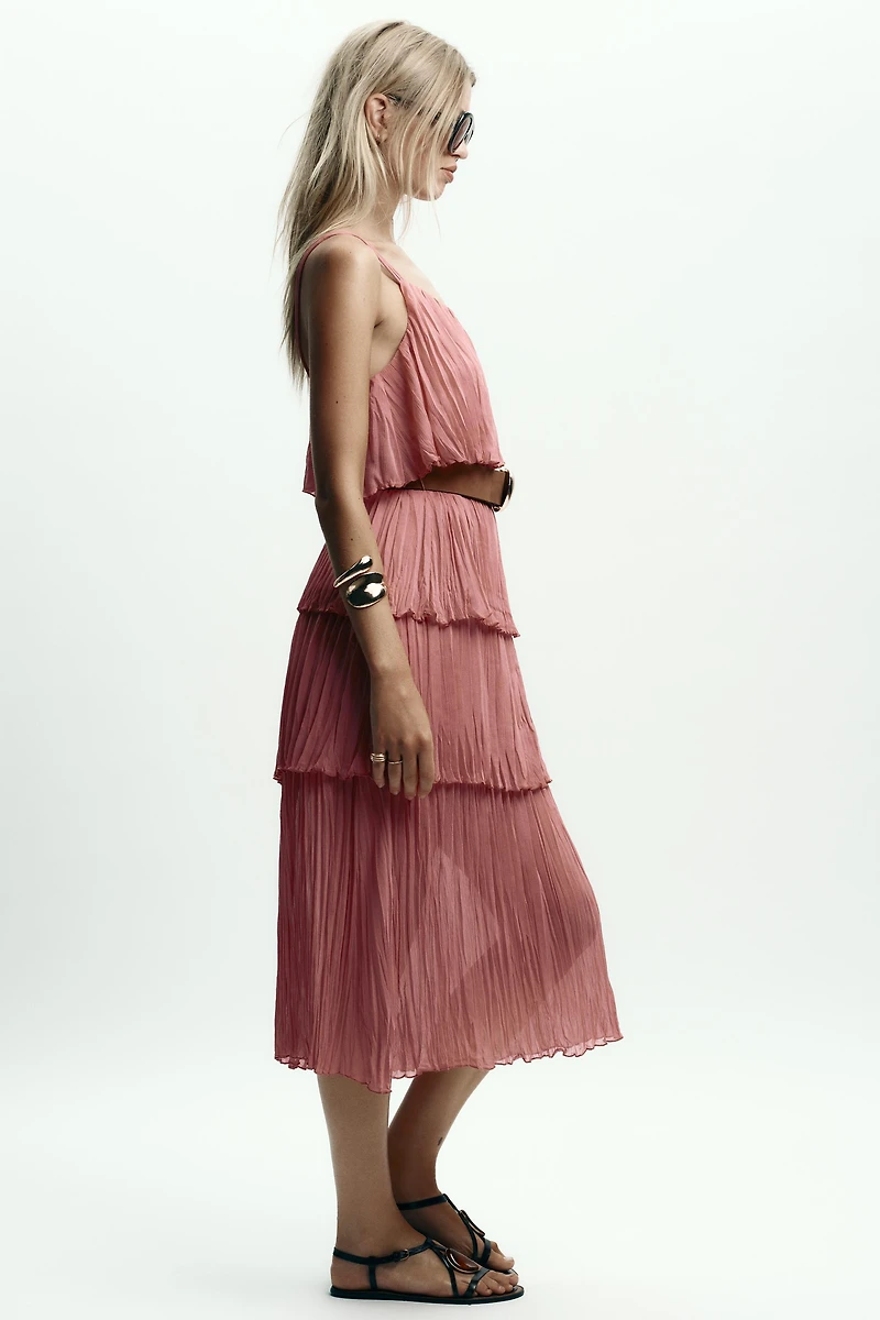 BELTED RUFFLED MIDI DRESS