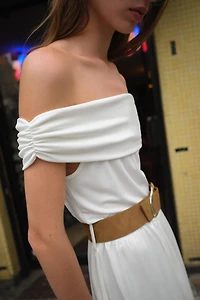 OFF-THE-SHOULDER COMBINATION MIDI DRESS WITH BELT